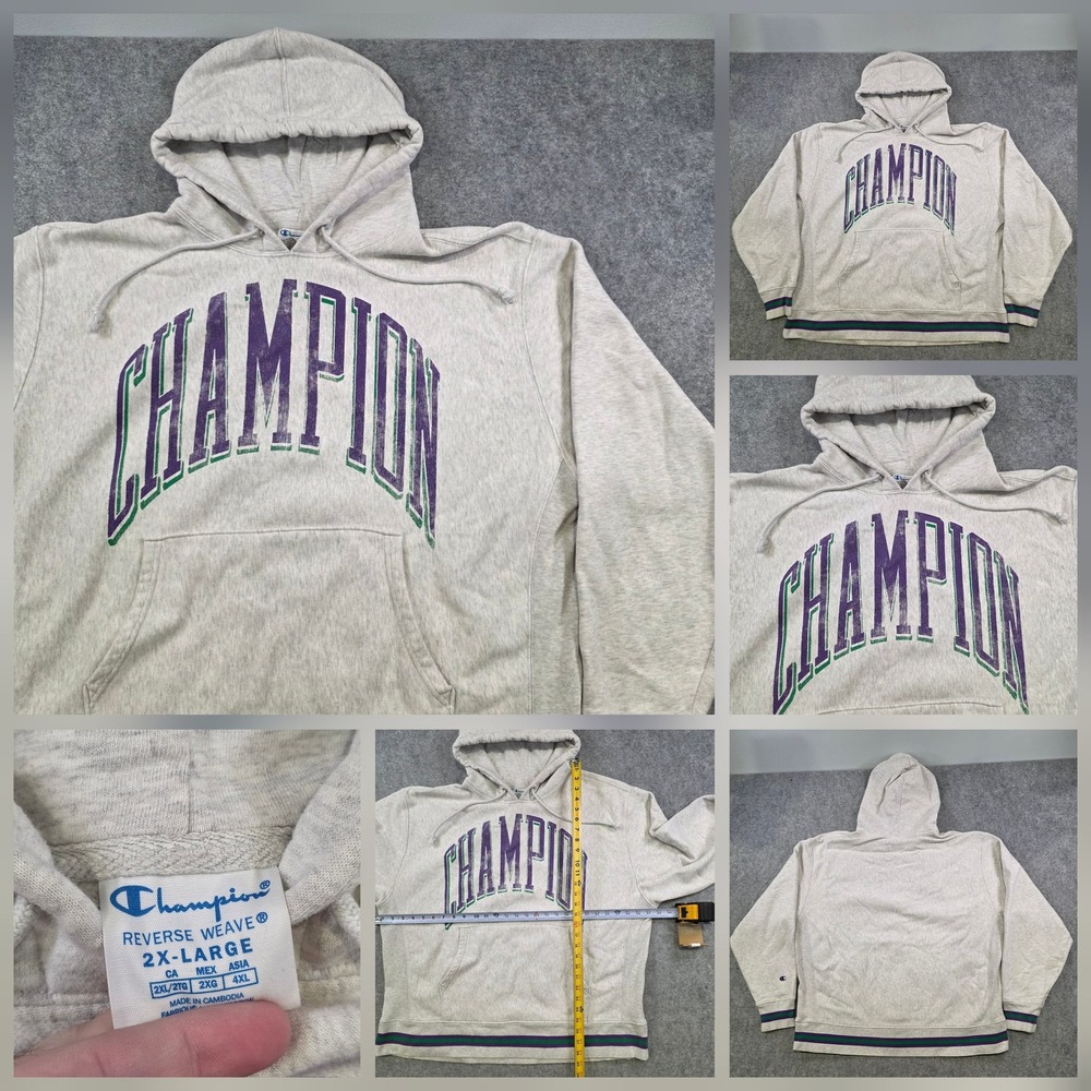 Champion Reverse Weave Hoodie Mens 2XL Gray Spell Out Logo Pullover Sweatshirt